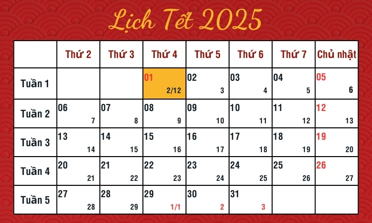 lịch nghỉ tết 2025