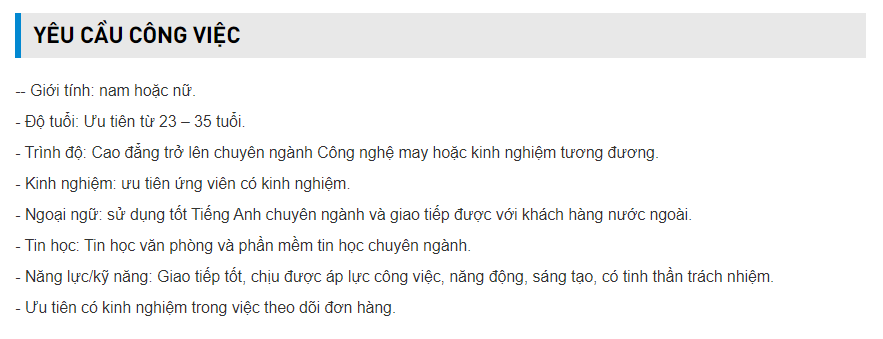 mô tả công việc nhân viên tiêu chuẩn kỹ thuật may