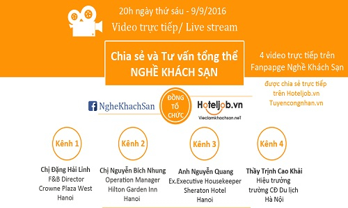 Cùng lúc 4 kênh video trực tiếp Tư vấn, Chia sẻ tổng thể về Nghề Khách sạn